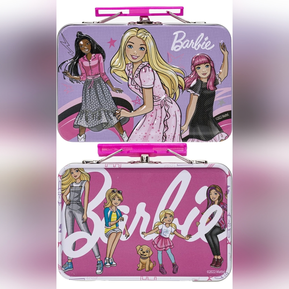 🎀NWT Barbie 5 Piece Set ~ 4 Lip Balms & Collectable Mini Lunch Box/Tin Case - Picture 3 of 5